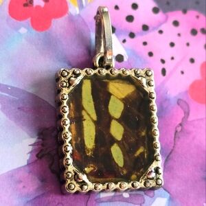 Butterfly wing charm pendant silver tone real insect bug resin handmade